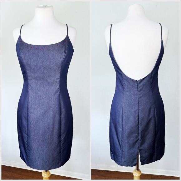 Vintage 90s Denim Mini Dress Blue Navy Bodycon Sheath // Size Medium 8 - Picture 1 of 8